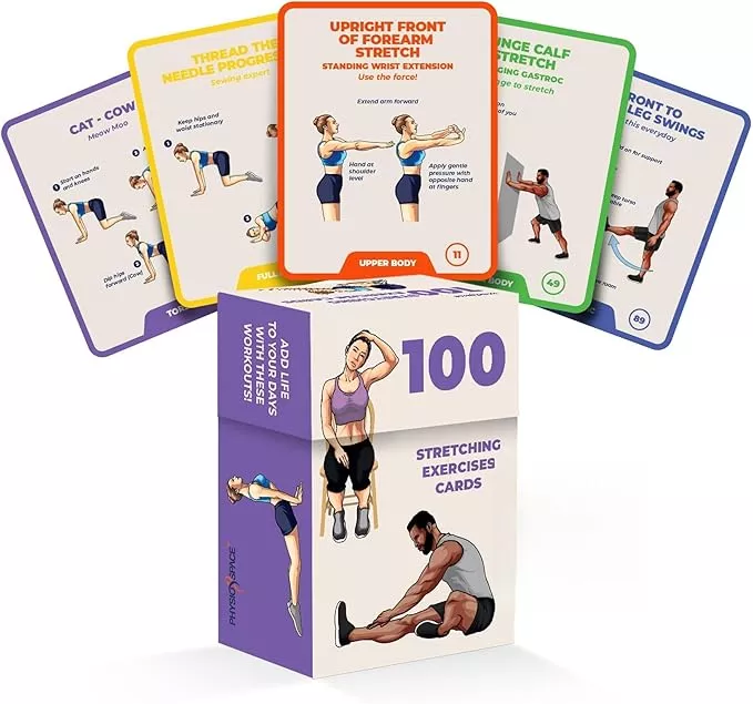 100 Stretching Exercise Flash Cards – Physical Therapy Stretches for Common Conditions (Plantar Fasciitis, Achilles Tendonitis, Sciatica, Back & Hip Pain) – Yoga, Pilates & Everyday Mobility