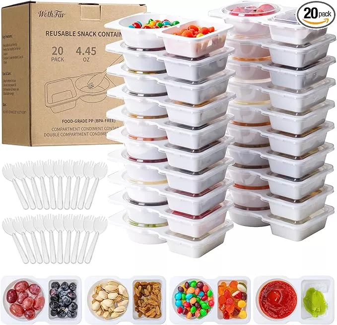 20 Sets Reusable Snack Containers with Lids & 20 Sporks – Double Compartment for Portion Control, BPA-Free Leak-Proof Dipping Containers for Meal Prep, Travel, and Outdoor Snacks (White)