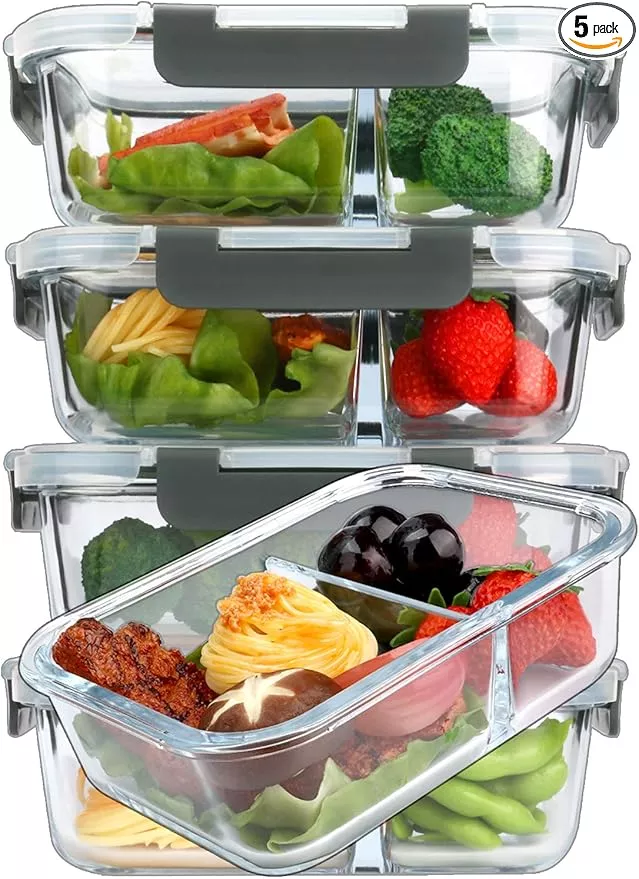 [5-Pack,36 Oz]Glass Meal Prep Containers 2 Compartments Portion Control with Upgraded Snap Locking Lids Glass Food Storage Containers, Microwave, Oven, Freezer and Dishwasher (4.5 Cups, Green)