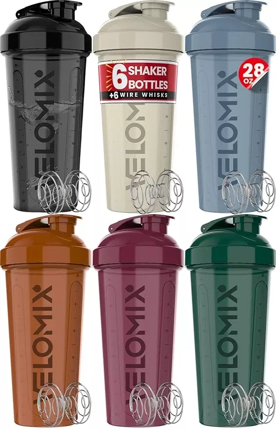 '-6 PACK- 28 oz Protein Shaker Bottle for Protein Mixes - 6x Wire Whisk | Leak Proof Shaker Cups for Protein Shakes | Protein Shaker Bottle Pack | Protein Shake Cup (Muted Clarity)