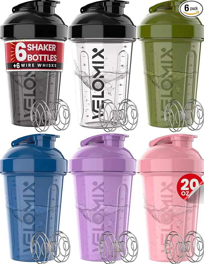 '-6 PACK- Shaker Cups for Protein Shakes 20 oz - 6x Wire Whisk | Leak Proof Protein Shaker Bottle for Protein Shakes, Shaker Bottle Pack for Pre & Post Workout, Shaker Cup (Mood Tones)
