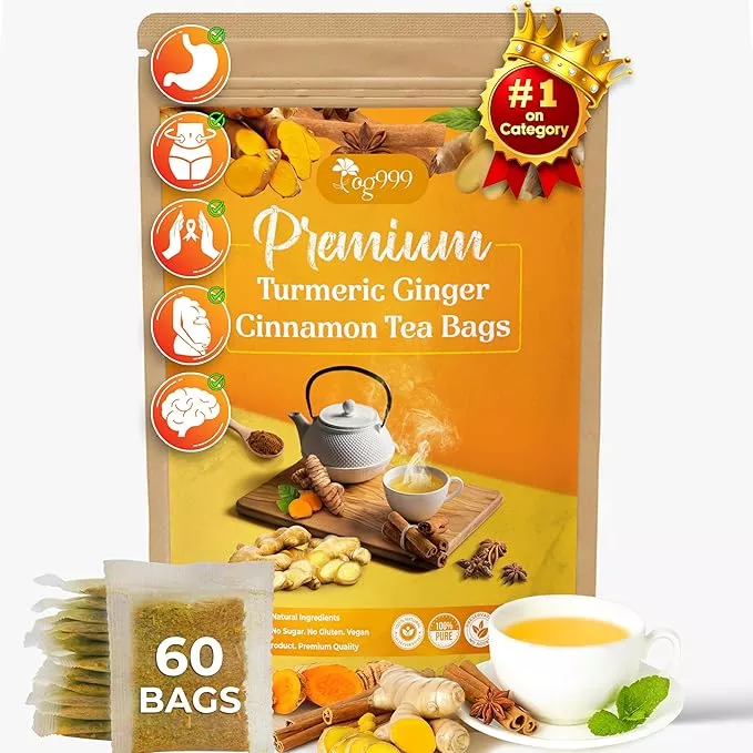 60 Bags Premium Turmeric Ginger Cinnamon Tea, Improve Digestion, Support Brain, Weight, Skin and Sleep, Eco-Conscious Tea Bags and Premium Natural Ingredients. Turmeric Ginger Herbal Tea. No Sugar, No Caffeine, No Gluten, Vegan.
