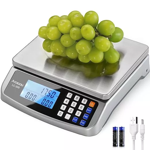 66lb Food Scale, Commercial Kitchen Scale with Price Computing, Plug-in Usable, 0.05oz/1g, 304 Stainless Steel, for Cooking, Vegetables, Farm, Industry, Counting. LC300 Grey
