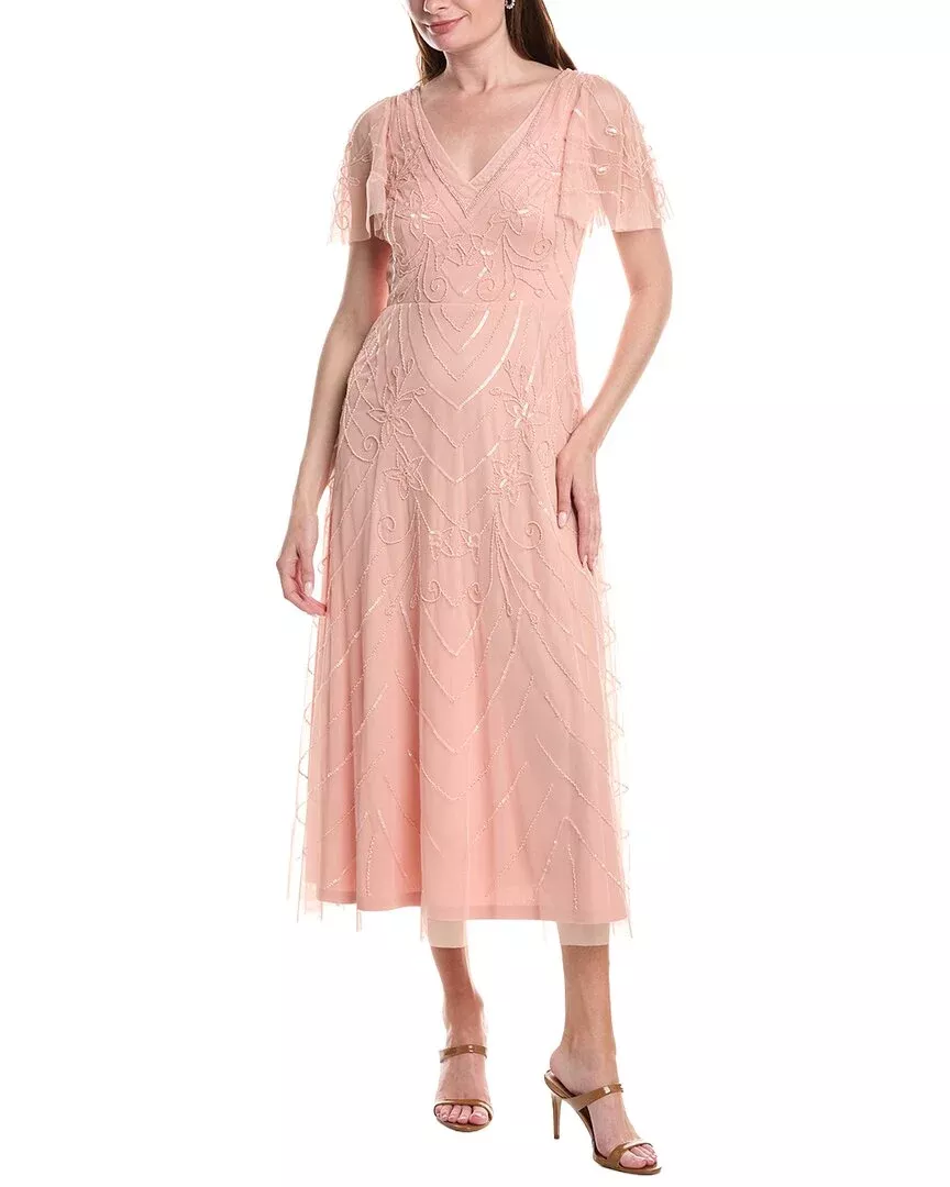 Adrianna Papell Bead Mesh Flutter Midi Dress