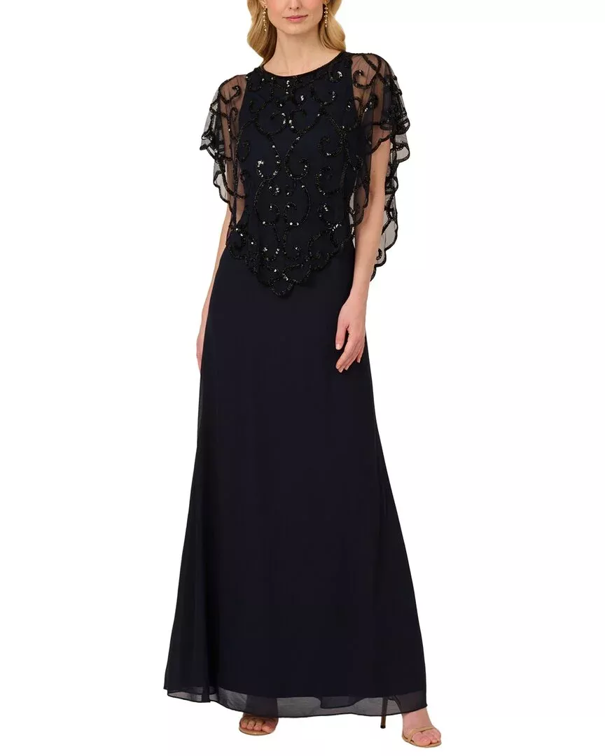 Adrianna Papell Beaded Chiffon Long Gown