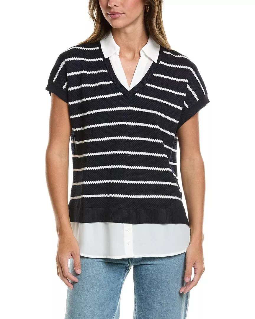 Adrianna Papell Drop Shoulder Textured Stripe Twofer Sweater