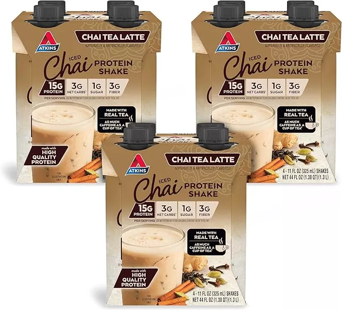 Atkins Chai Tea Latte Flavored Protein Shake, High Protein Shake, Low Glycemic, Low Carb, Low Sugar, Keto Friendly, Gluten Free, 12 count (3 sets of 4)