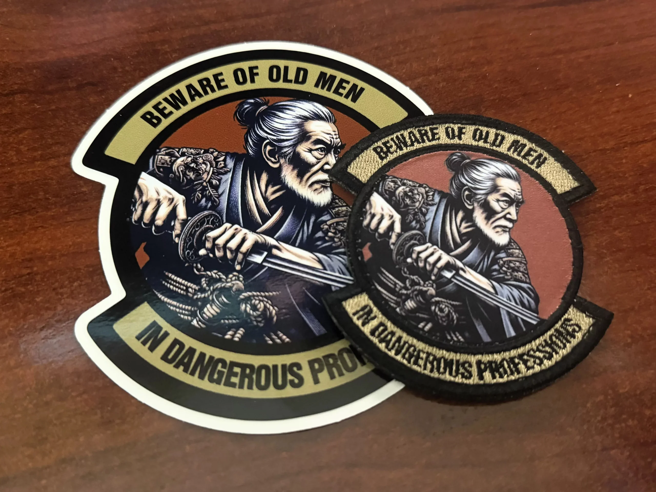 Beware of Old Men - in Dangerous Professions - Asian - 3" Embroidered/Sublimated Patch & Sticker Combo