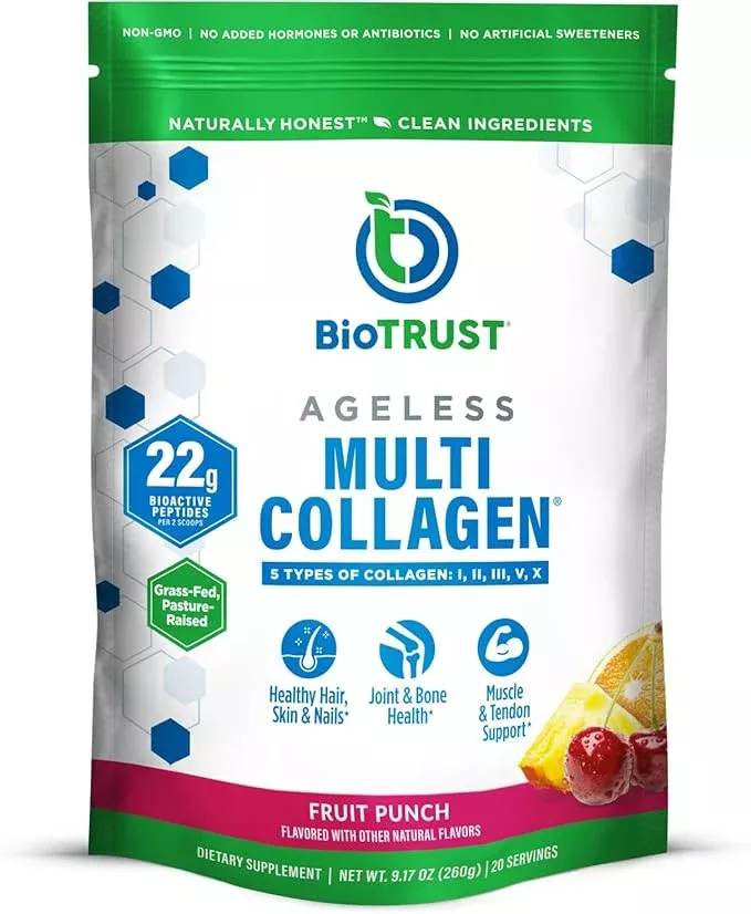 BioTrust Ageless Multi Collagen Peptides Powder – 5 Types (I, II, III, V, X) – Fruit Punch Collagen Powder for Women & Men – Hydrolyzed Protein – Grass Fed Beef, Fish, Chicken, Eggshell Membrane