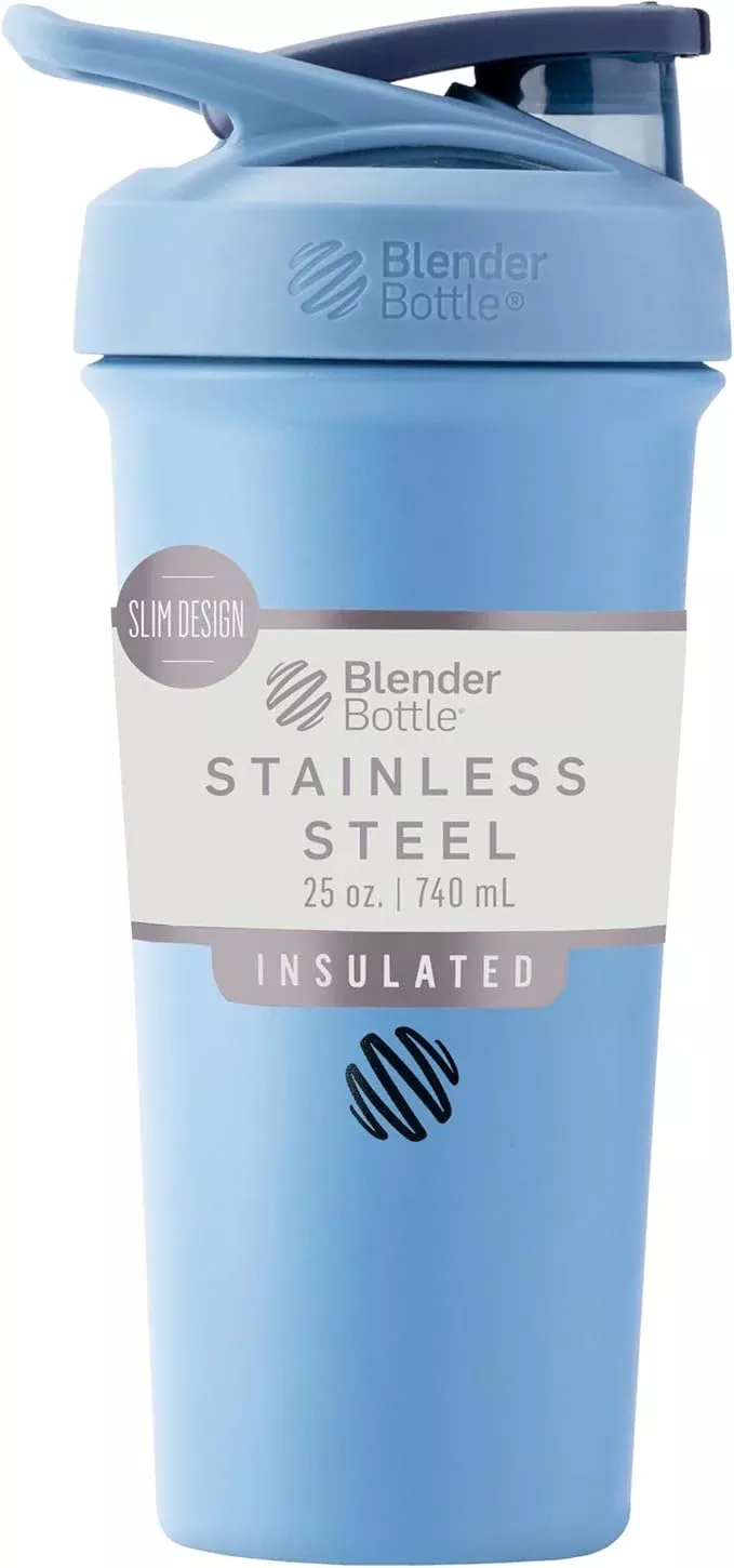 BlenderBottle Sport Sleek Insulated Stainless Steel Shaker Bottle with Wire Whisk, 25-Ounce, Sangria Ombre – Protein Shakes & Hydration for Athletes & Fitness Enthusiasts, Easy Mixing, Slim Easy to Hold, Keeps Drinks Cold, Lockable Lid