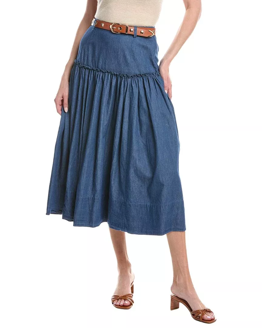 Cece Belted Denim Midi Circle Skirt