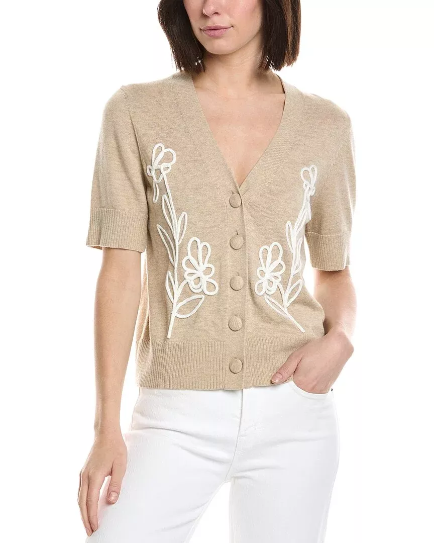 Cece Flower Embroidery V-Neck Wool-Blend Cardigan