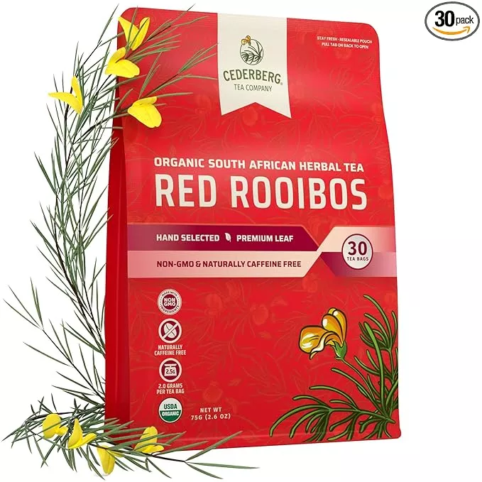 Cederberg Tea Company Red Rooibos Tea Bags USDA Certified South African Organic Herbal Tea, Naturally Caffeine Free Tea, Non-GMO, Premium Leaf, Rich in Antioxidants, 30 Count