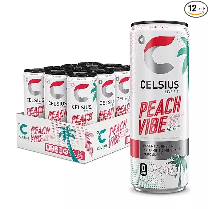 CELSIUS Sparkling Peach Vibe, Functional Essential Energy Drink 12 Fl Oz (Pack of 12)