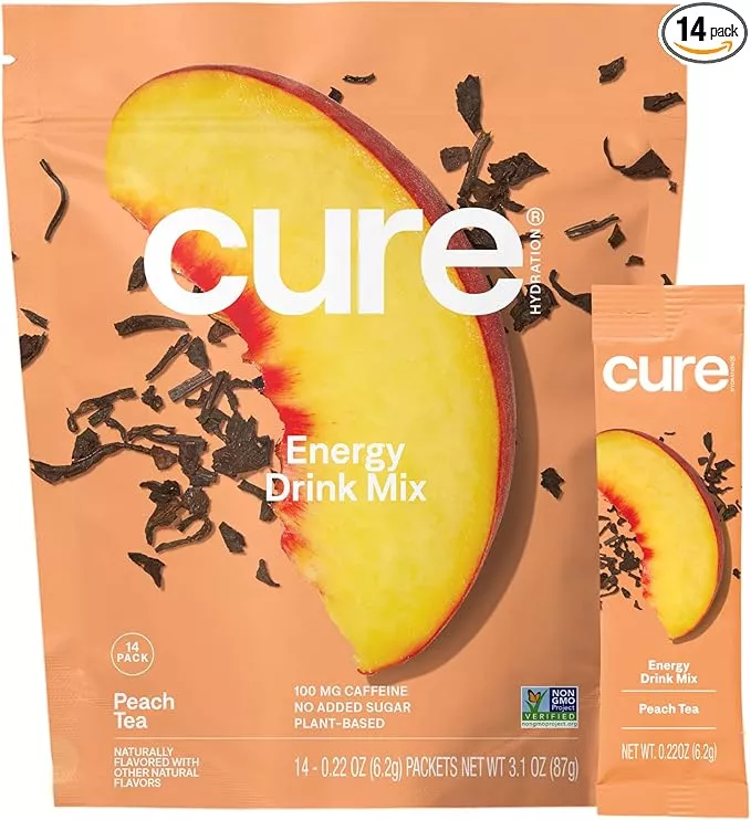 Cure Hydration Performance | Plant-Based Electrolyte Energy Drink Mix | No Added Sugar | Dehydration Relief Powder | 100mg of Caffeine | Non-GMO | Vegan | Pouch of 14 Packets - Peach