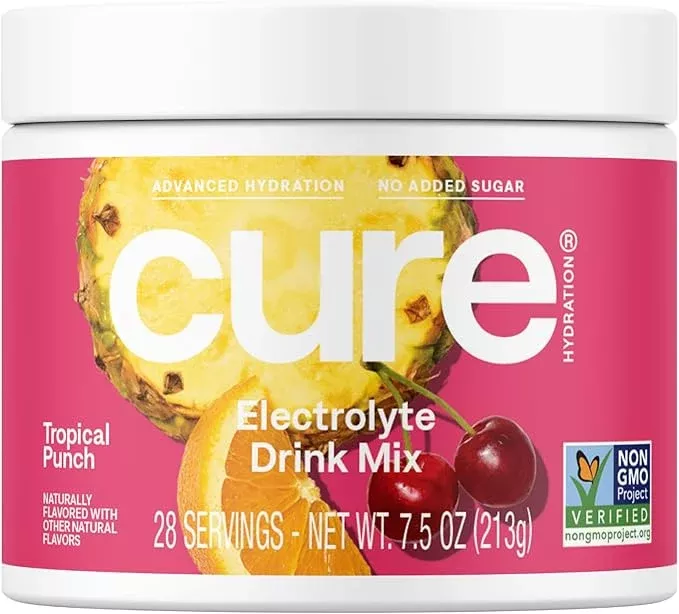 Cure Hydration | Plant-Based Electrolyte Drink Mix | No Added Sugar | Dehydration Relief Powder Made with Coconut Water | Non-GMO | Vegan | 28 Servings Jar - Blood Orange