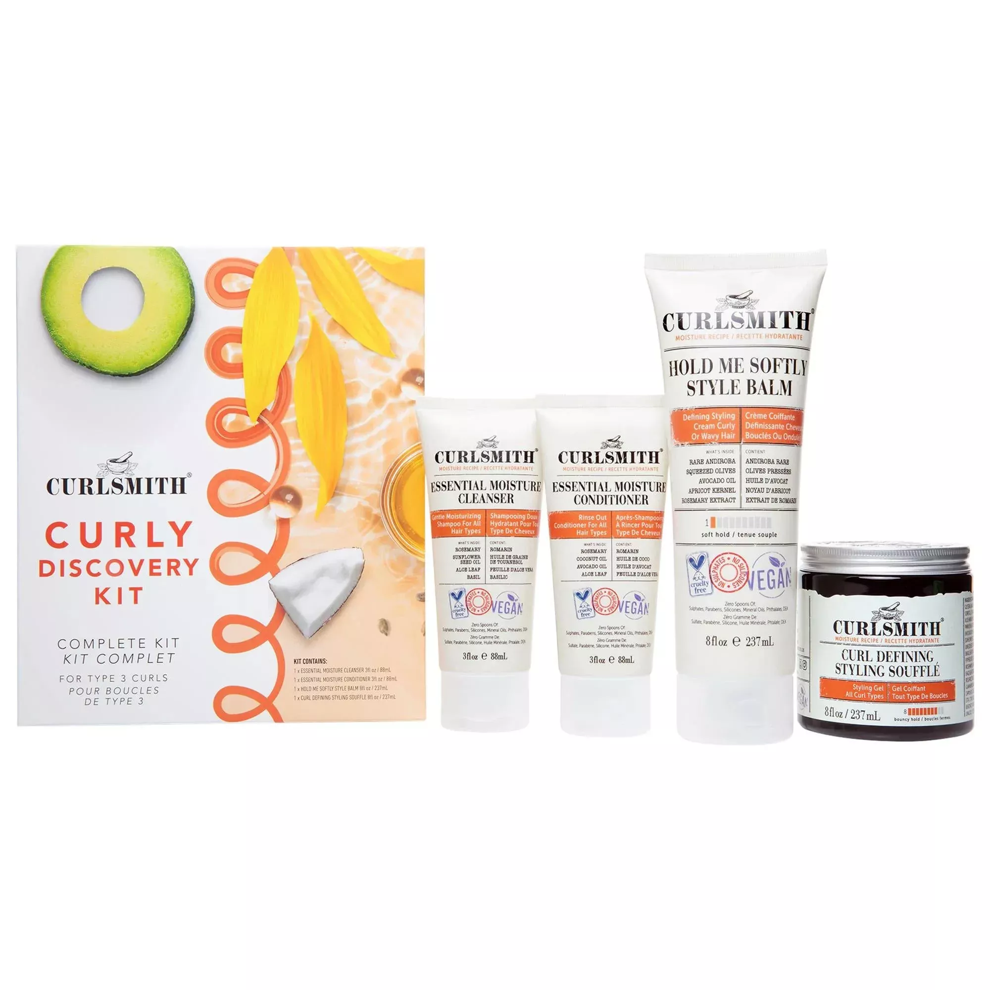 Curly Discovery Kit: Enhance & Define Type 3 Curls - Moisturizing Shampoo, Conditioner, Cream Balm & Styling Gel - Frizz Control & Volume - Cruelty-Free