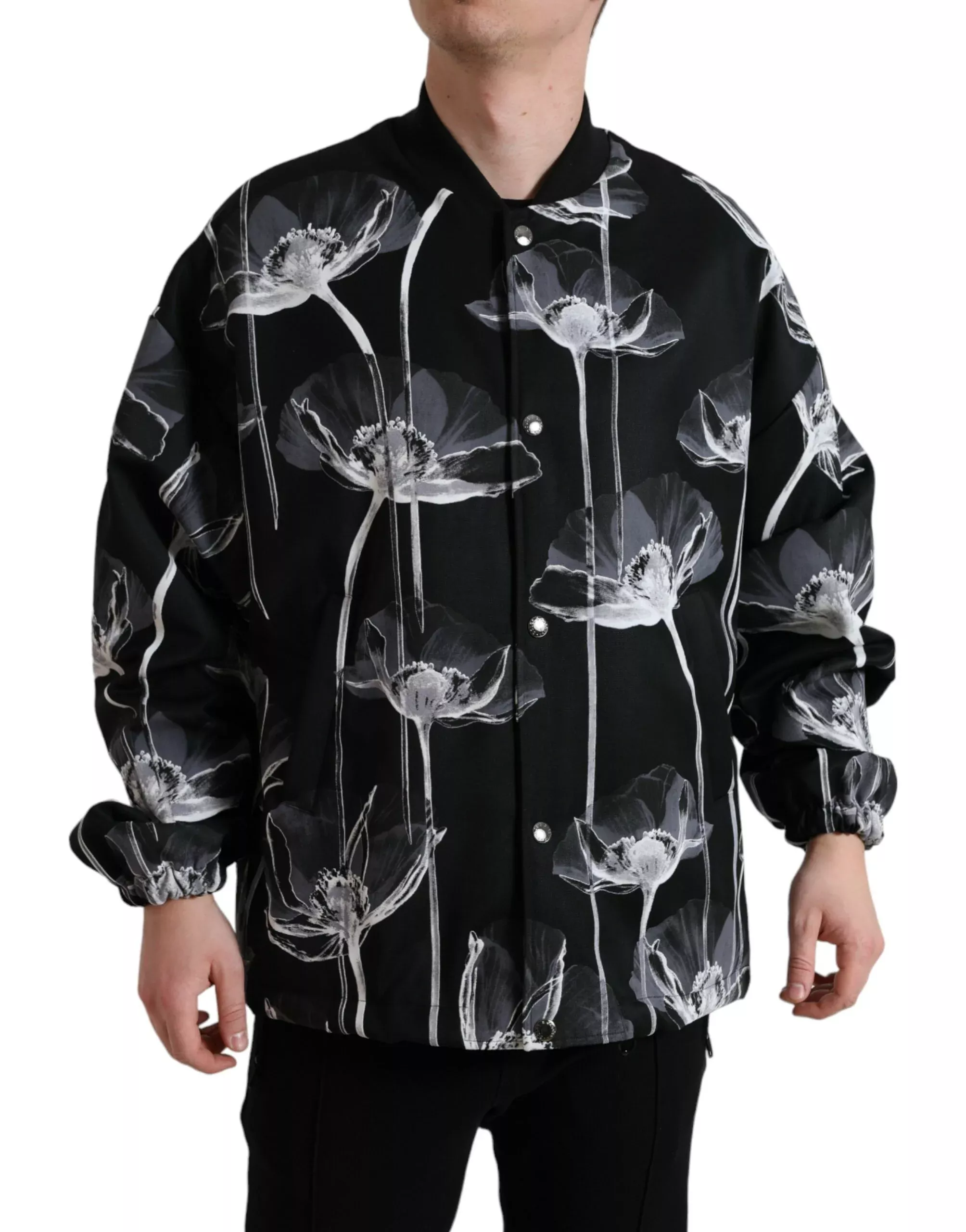 Dolce & Gabbana Black Floral Print Wool Button Down Bomber Men's Jacket