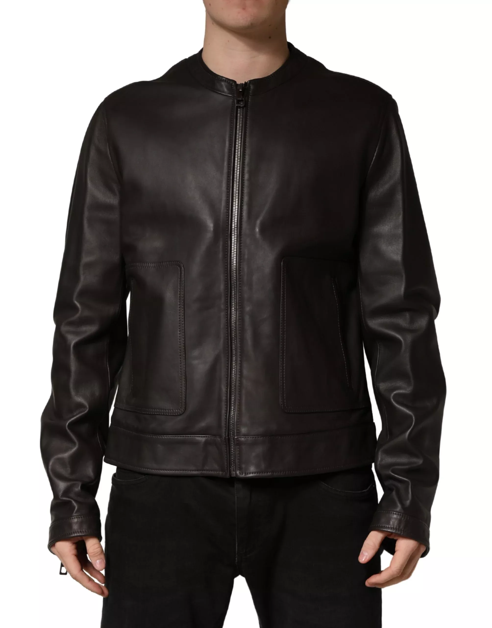 Dolce & Gabbana Black LambskinLeather Full Zip Biker Men's Jacket