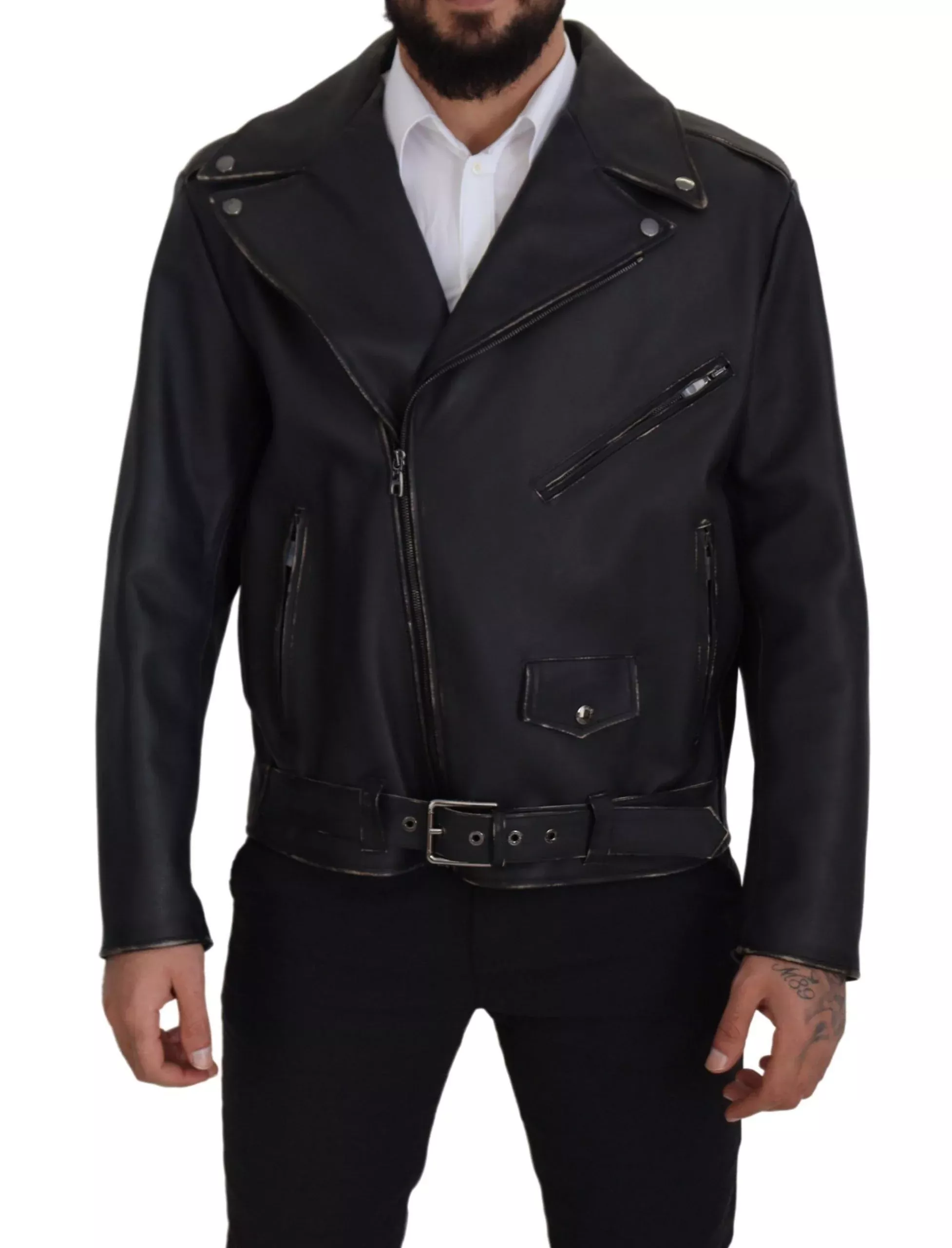 Dolce & Gabbana Black Leather Biker Coat Zipper Men's Jacket