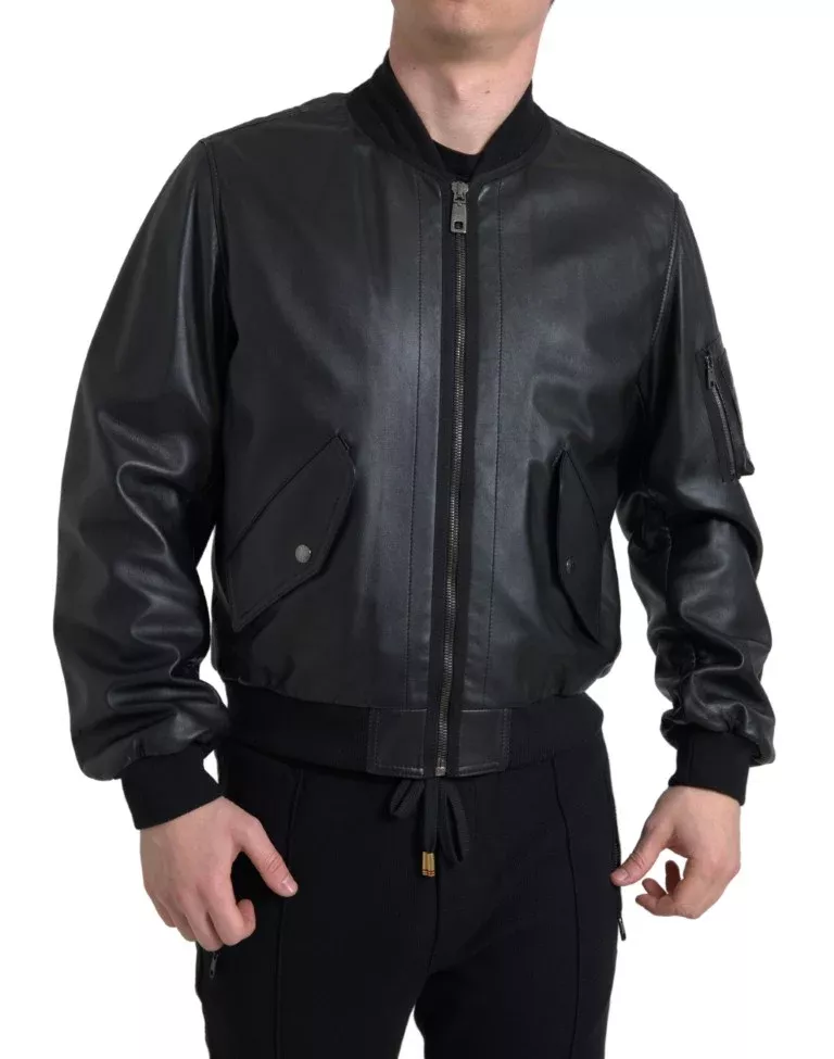 Dolce & Gabbana Black Leather Blouson Full Zip Bomber Men's Jacket