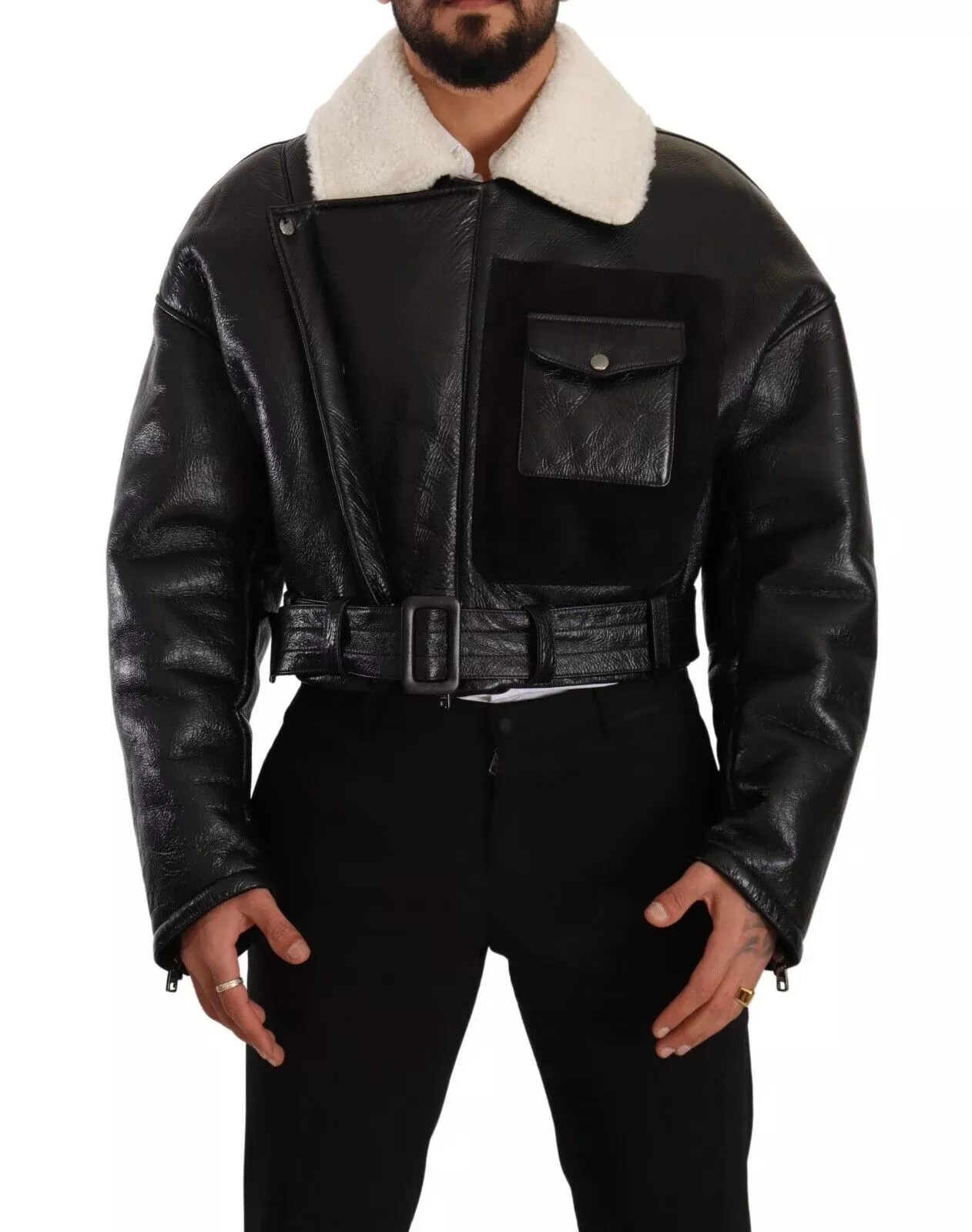 Dolce & Gabbana Black Leather Shearling Biker Coat Men's Jacket