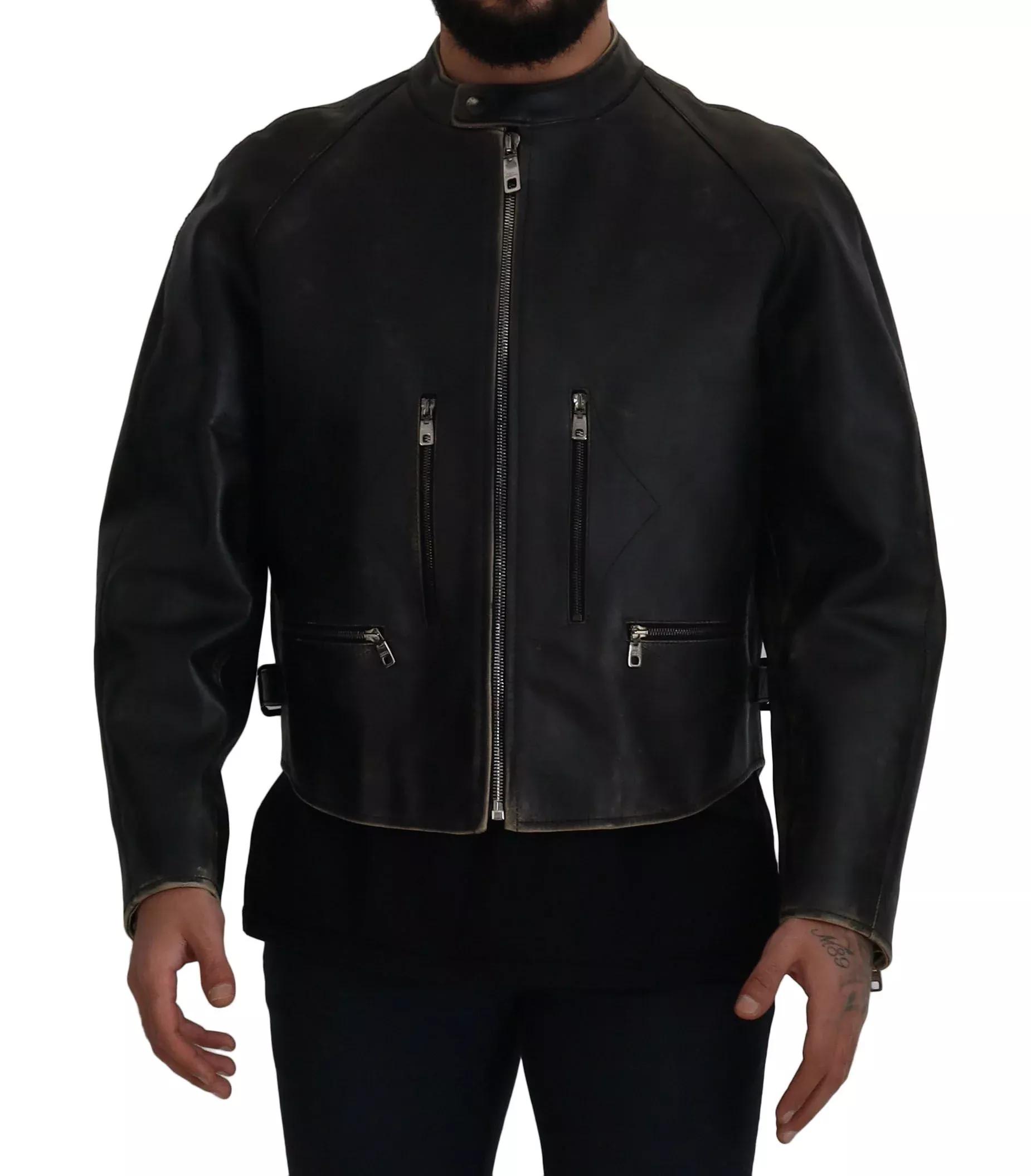 Dolce & Gabbana Black Leather Zipper Biker Coat Men's Jacket
