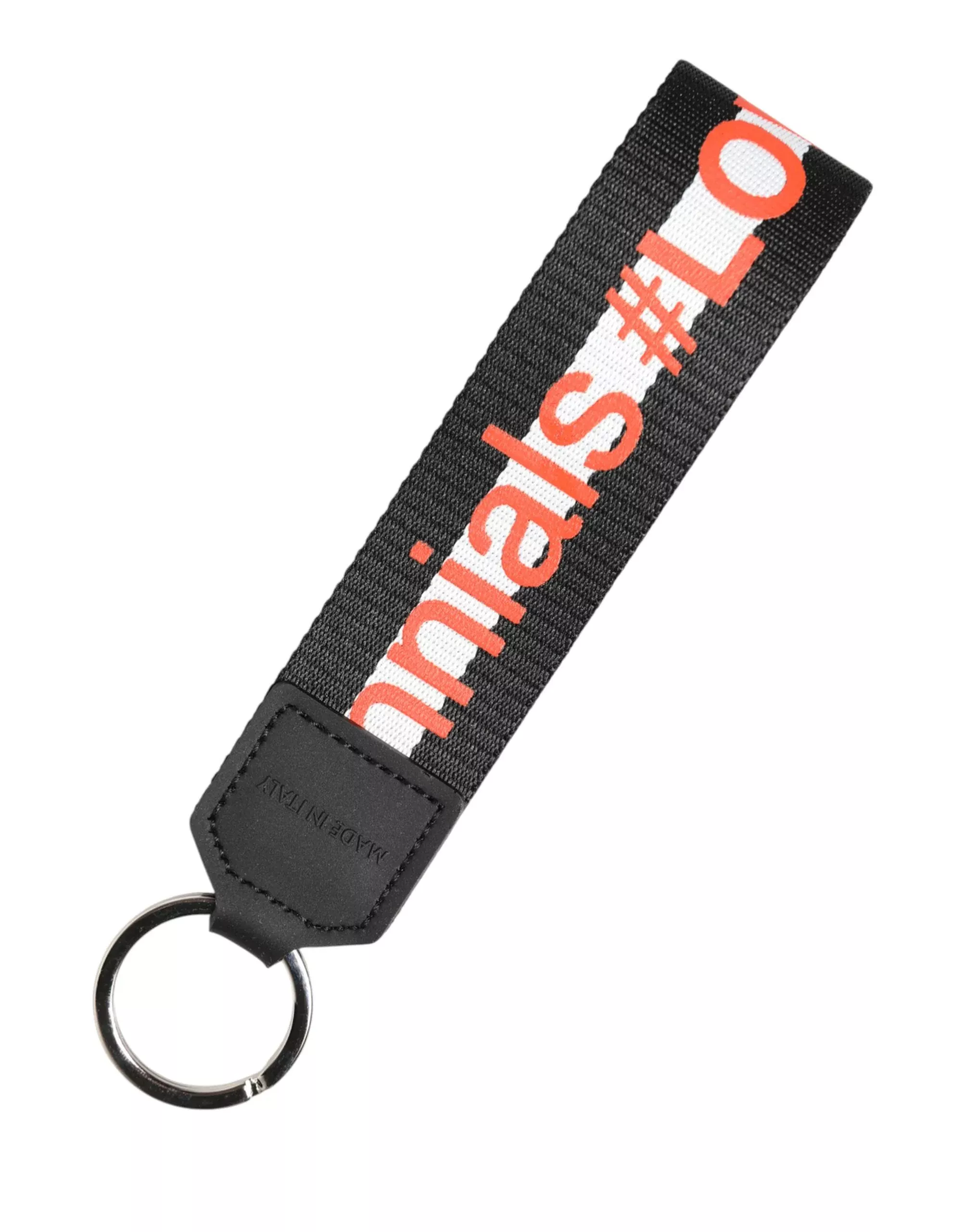 Dolce & Gabbana Black Logo Polyester Silver Brass Holder KeychainKeyring