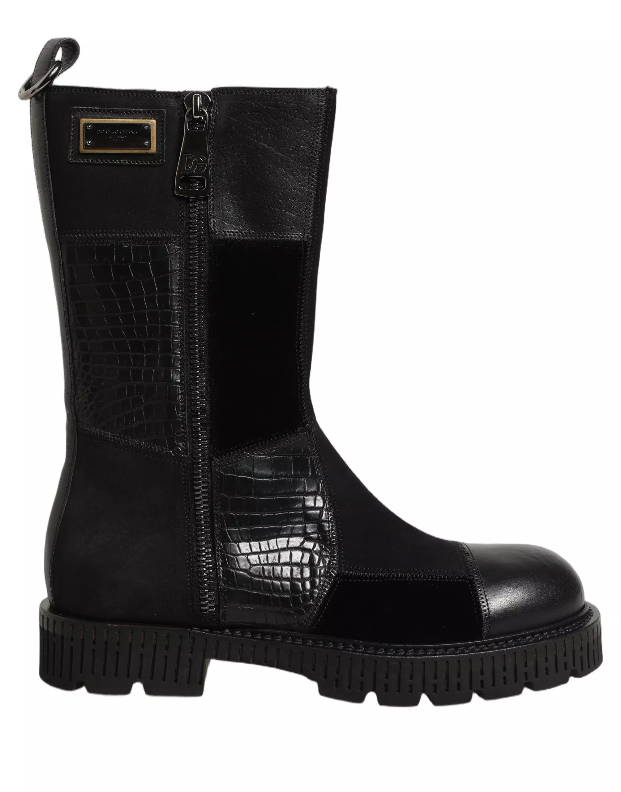 Dolce & Gabbana Black Patchwork Leather Mid Calf Boots Men's Shoes