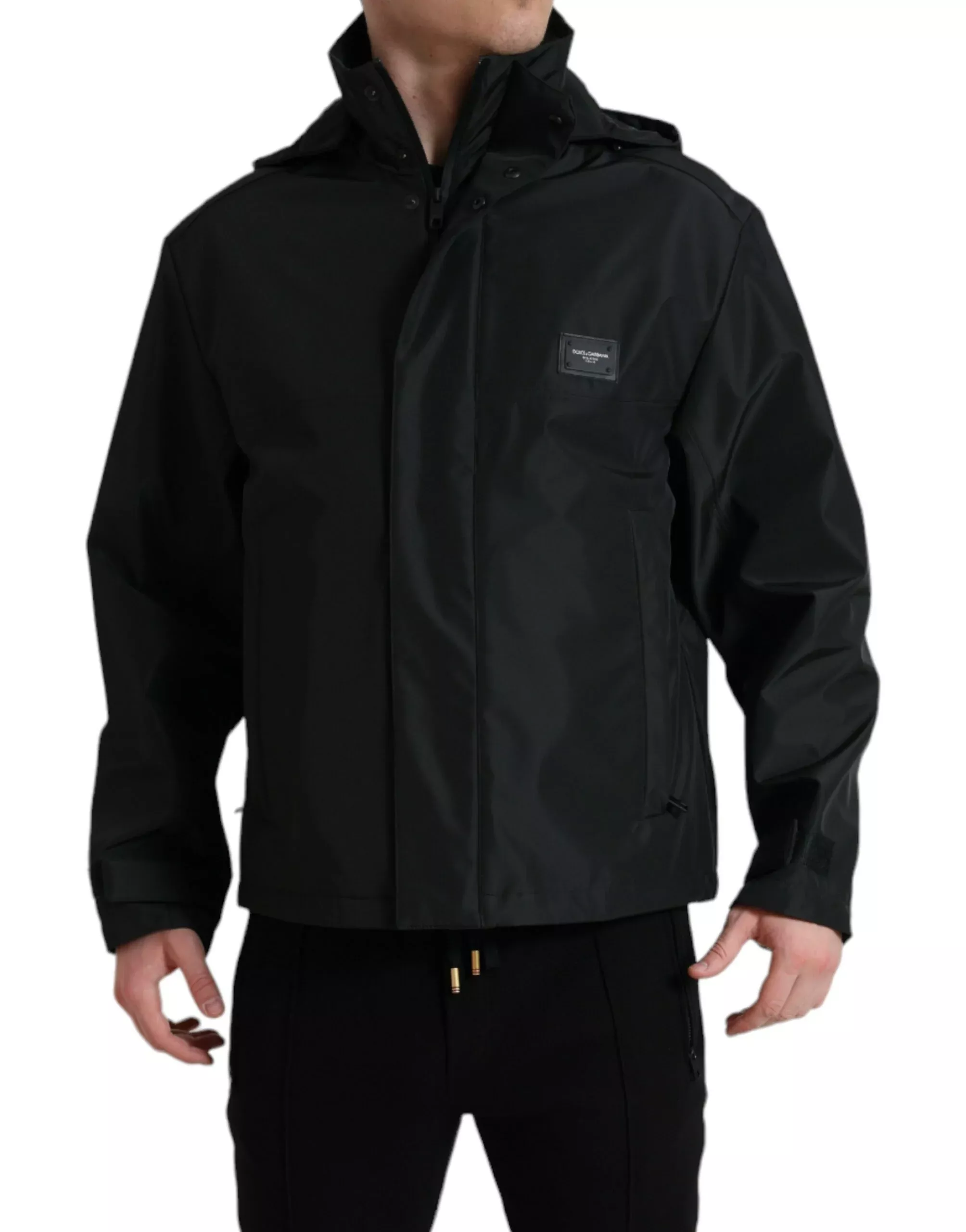 Dolce & Gabbana Black Polyester Logo Plaque Hooded Men's Jacket