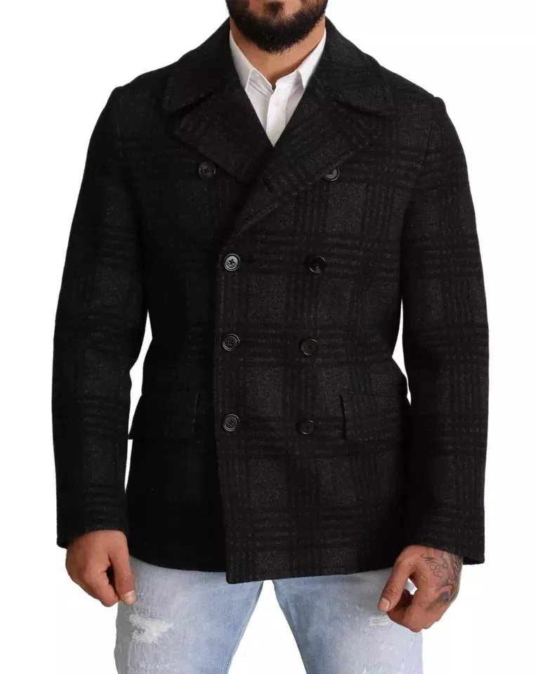 Dolce & Gabbana Black Trench Coat Check Wool Men's Jacket