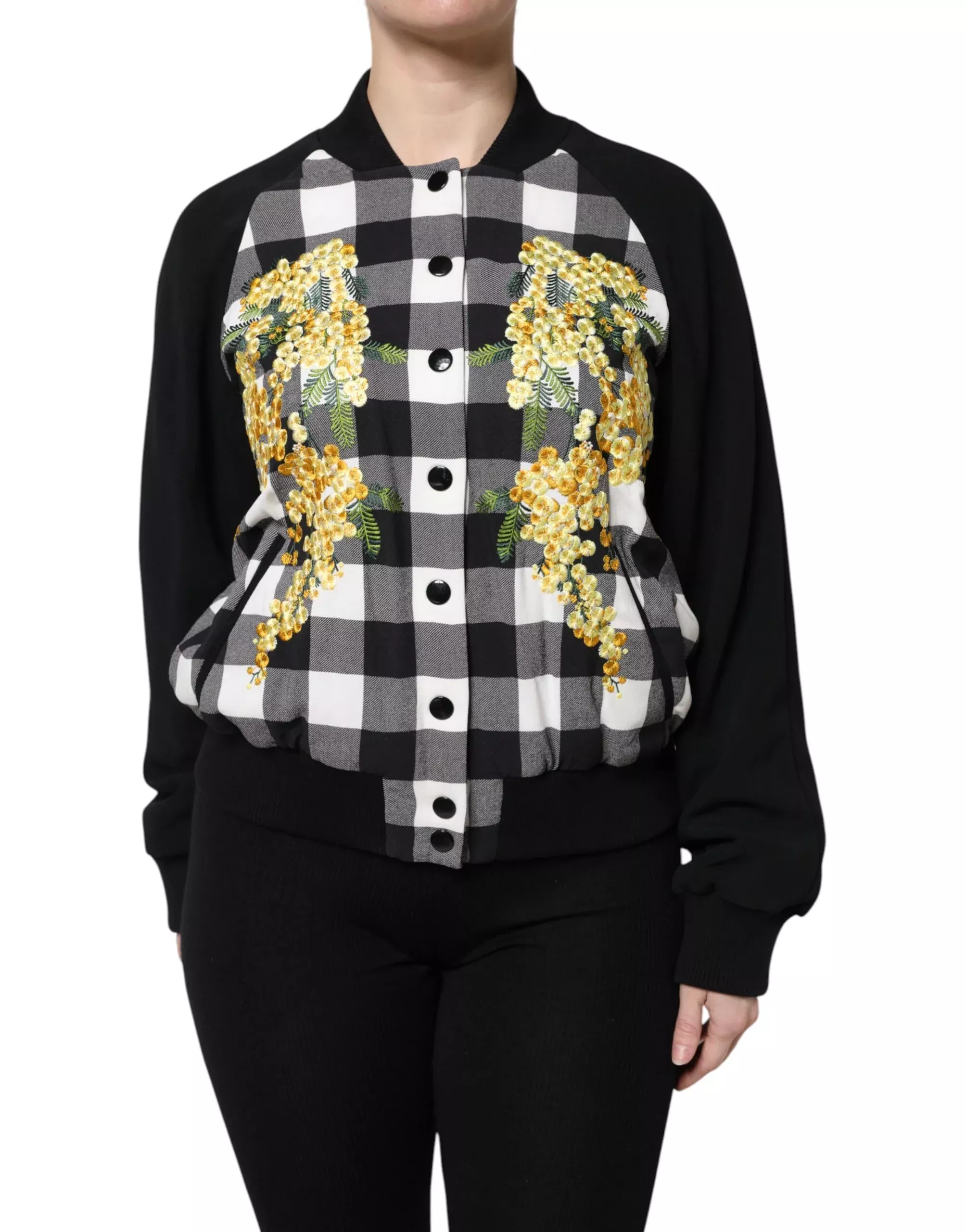 Dolce & Gabbana Black White Check Floral Button Down Women's Jacket