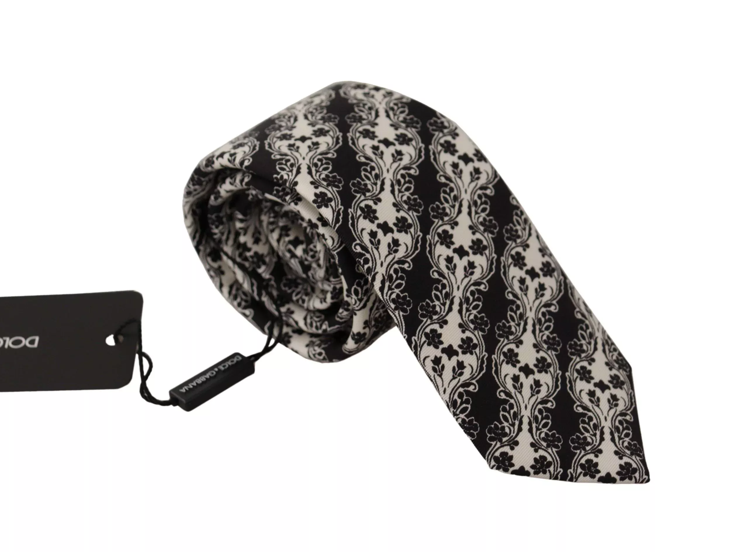 Dolce & Gabbana Black White Flower 100% Silk Print Adjustable Accessory Men's Tie