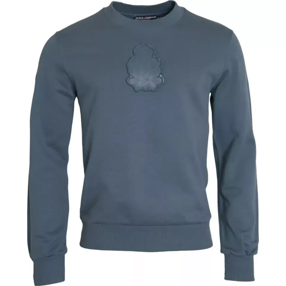 Dolce & Gabbana Blue Cotton Logo Patch Crew Neck Men Pullover Men's Sweater