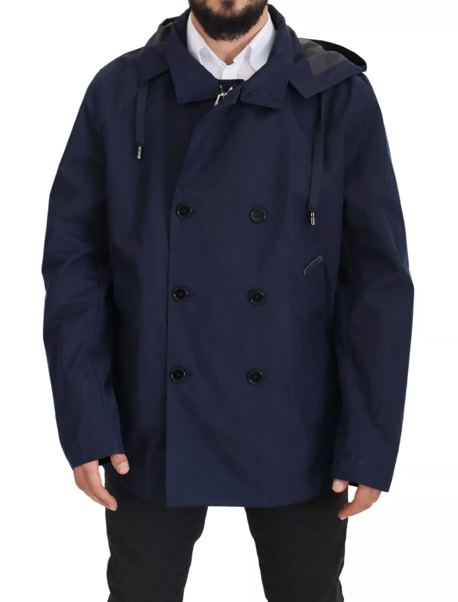 Dolce & Gabbana Blue Hooded Double Breasted Coat Men's Jacket
