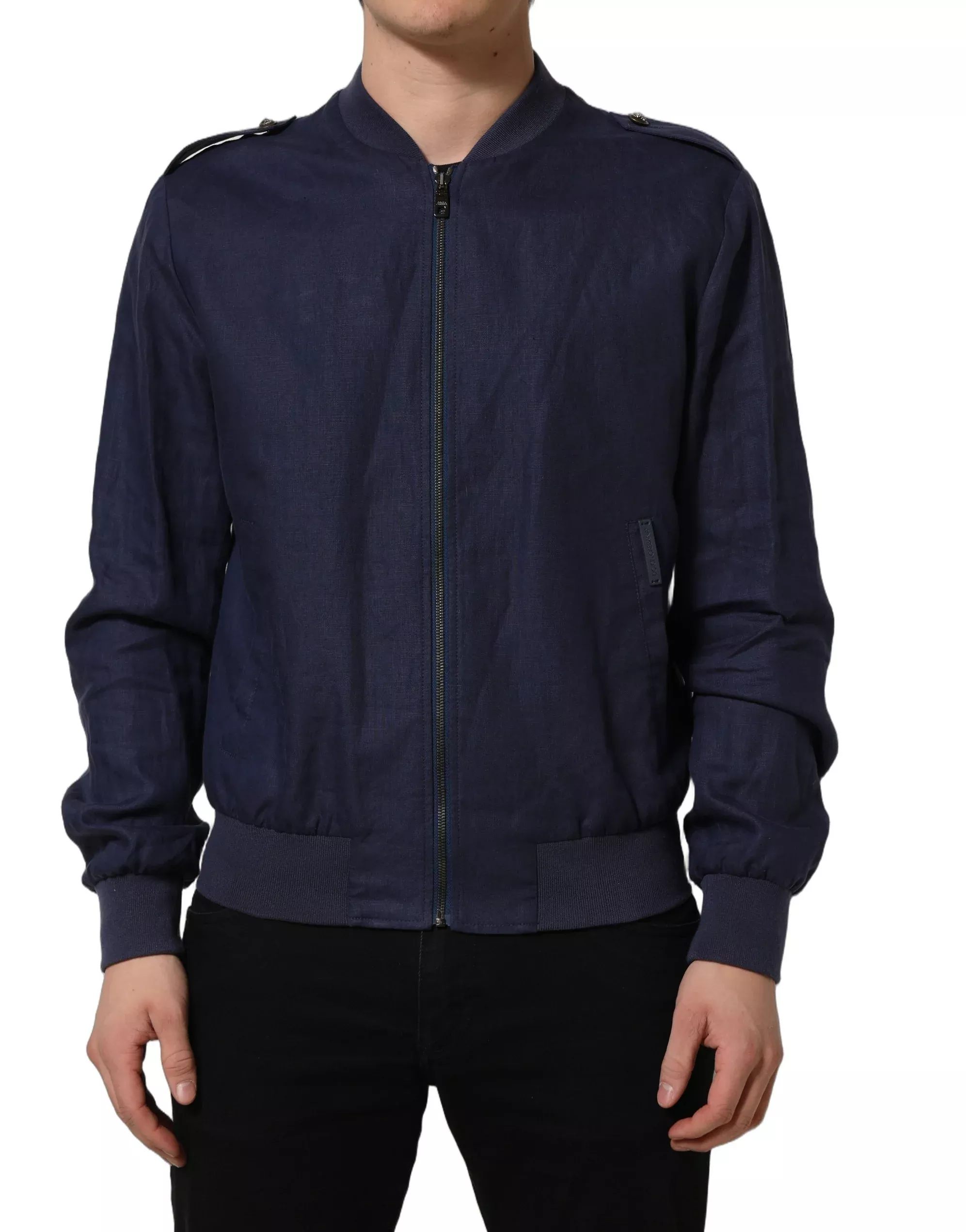Dolce & Gabbana Blue Linen Full Zip Men Bomber Men's Jacket