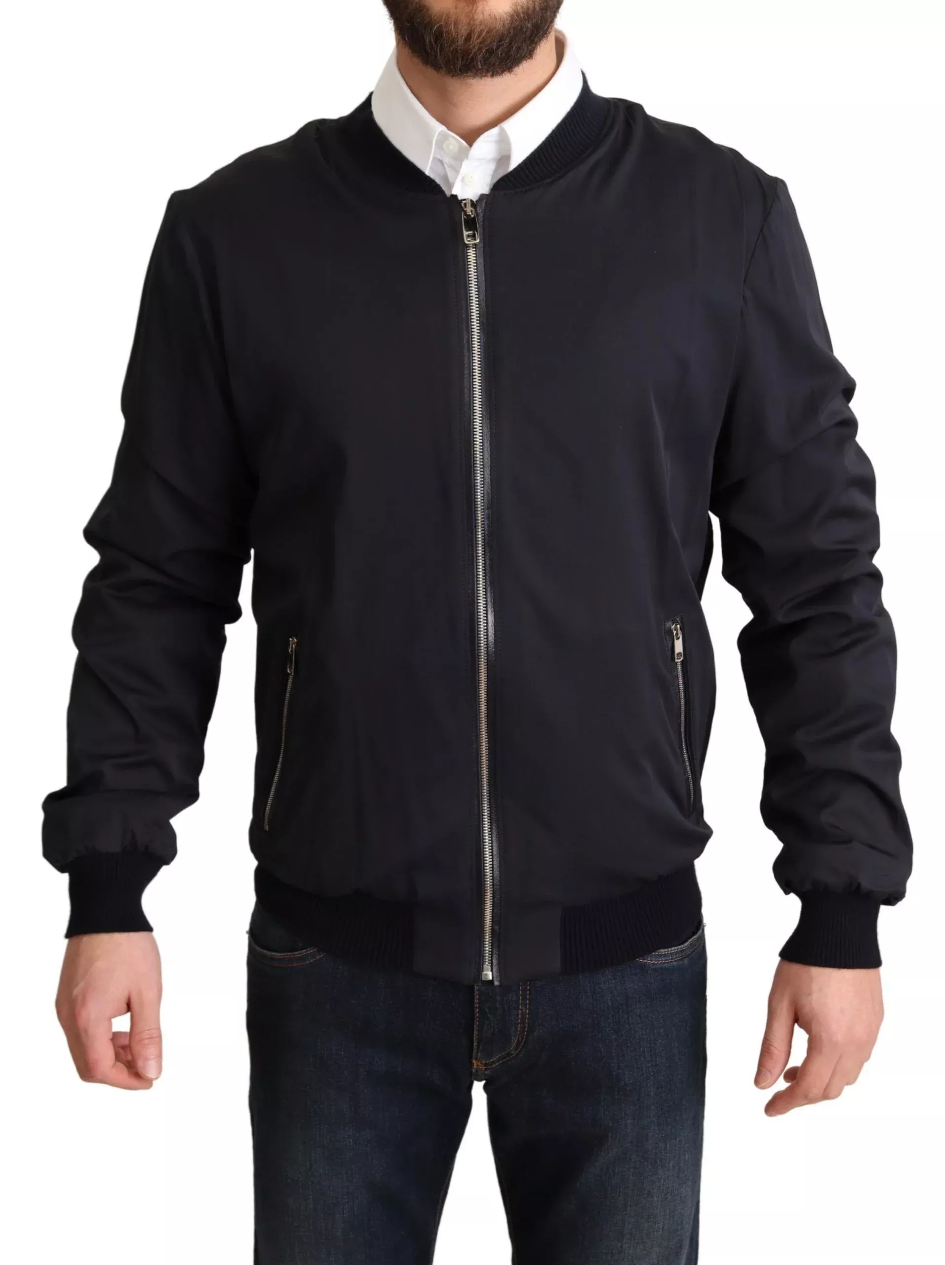 Dolce & Gabbana Blue Silk Coat Short Bomber Men Men's Jacket