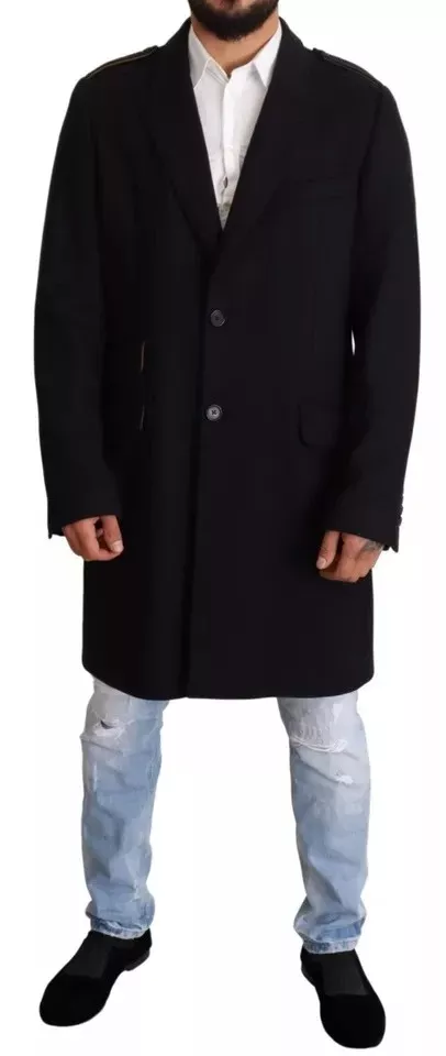 Dolce & Gabbana Blue Trench Coat Long Wool Stretch Men's Jacket