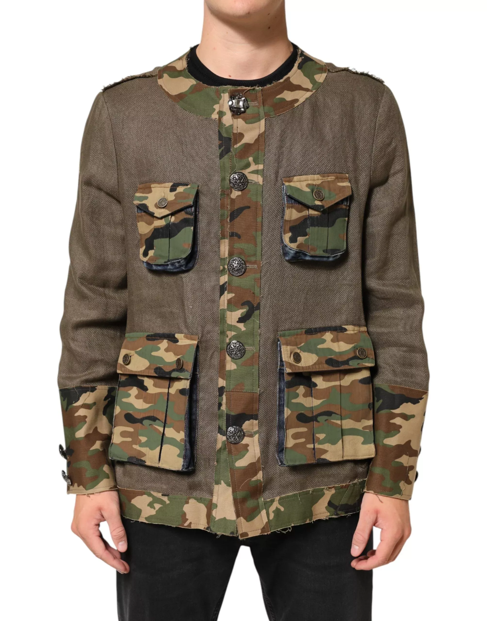 Dolce & Gabbana Brown Camouflage Linen Button Down Men's Jacket