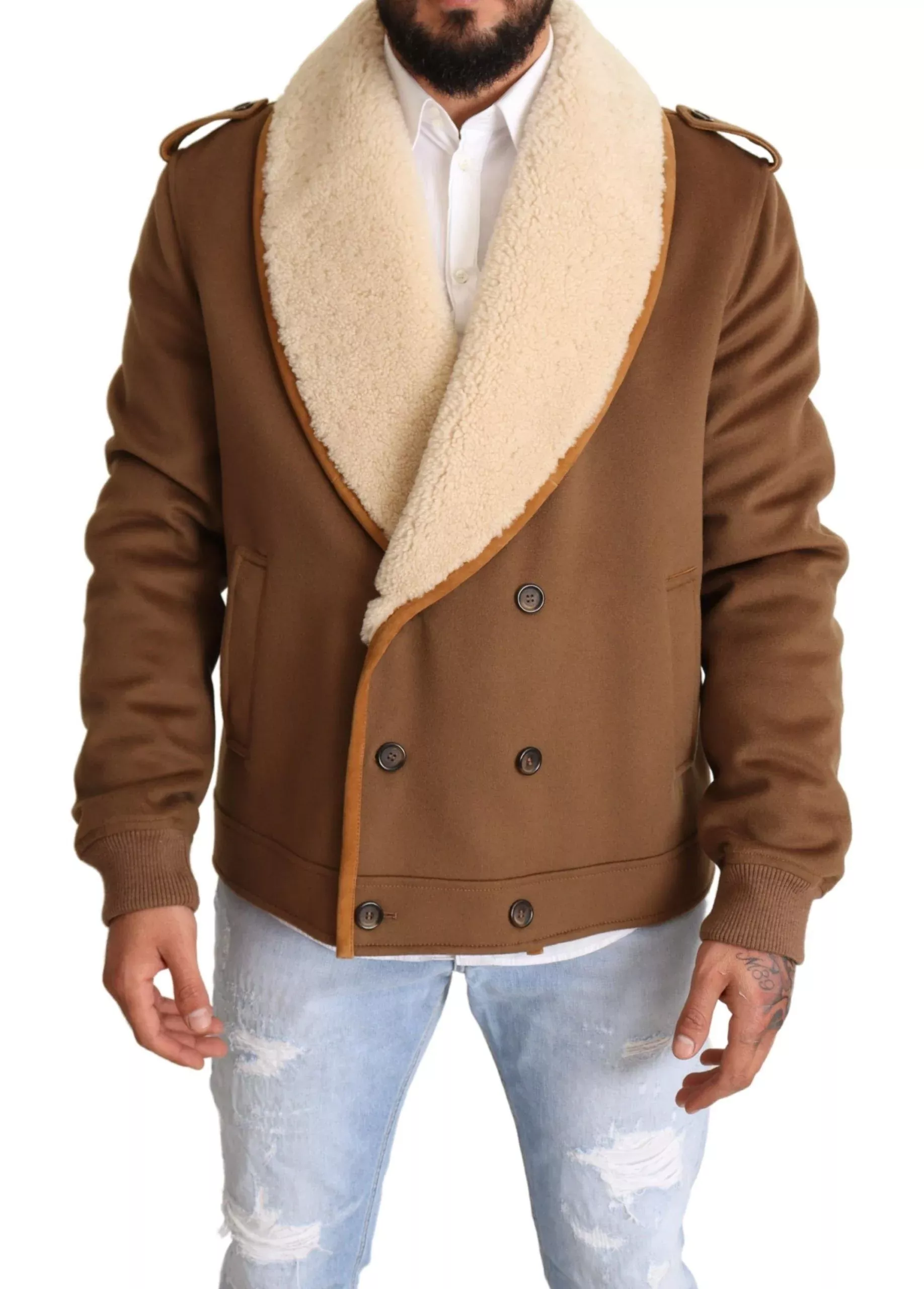 Dolce & Gabbana Brown Double Breasted Shearling Coat Men's Jacket
