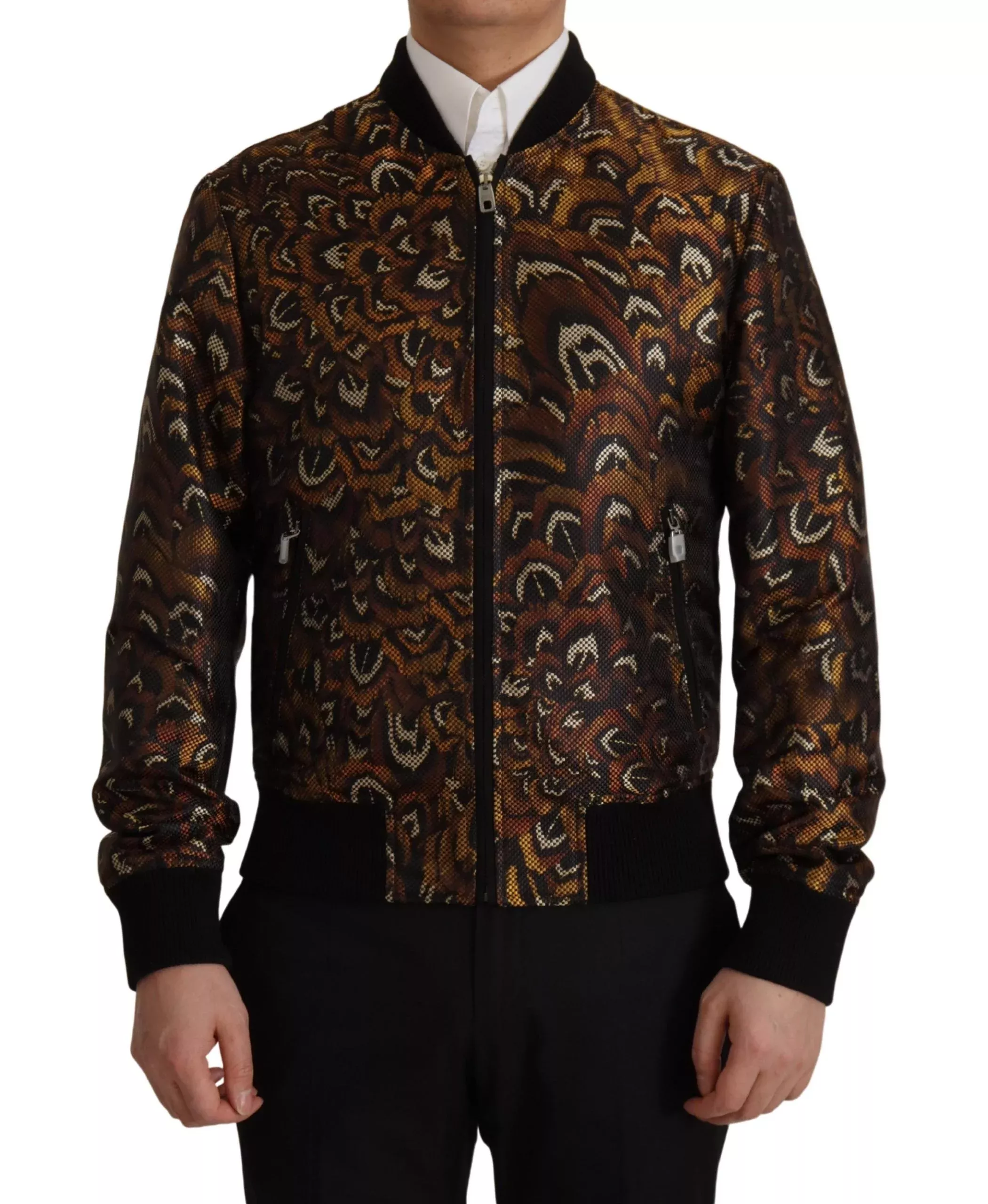 Dolce & Gabbana Brown Feather Full Zip Blouson Men's Jacket