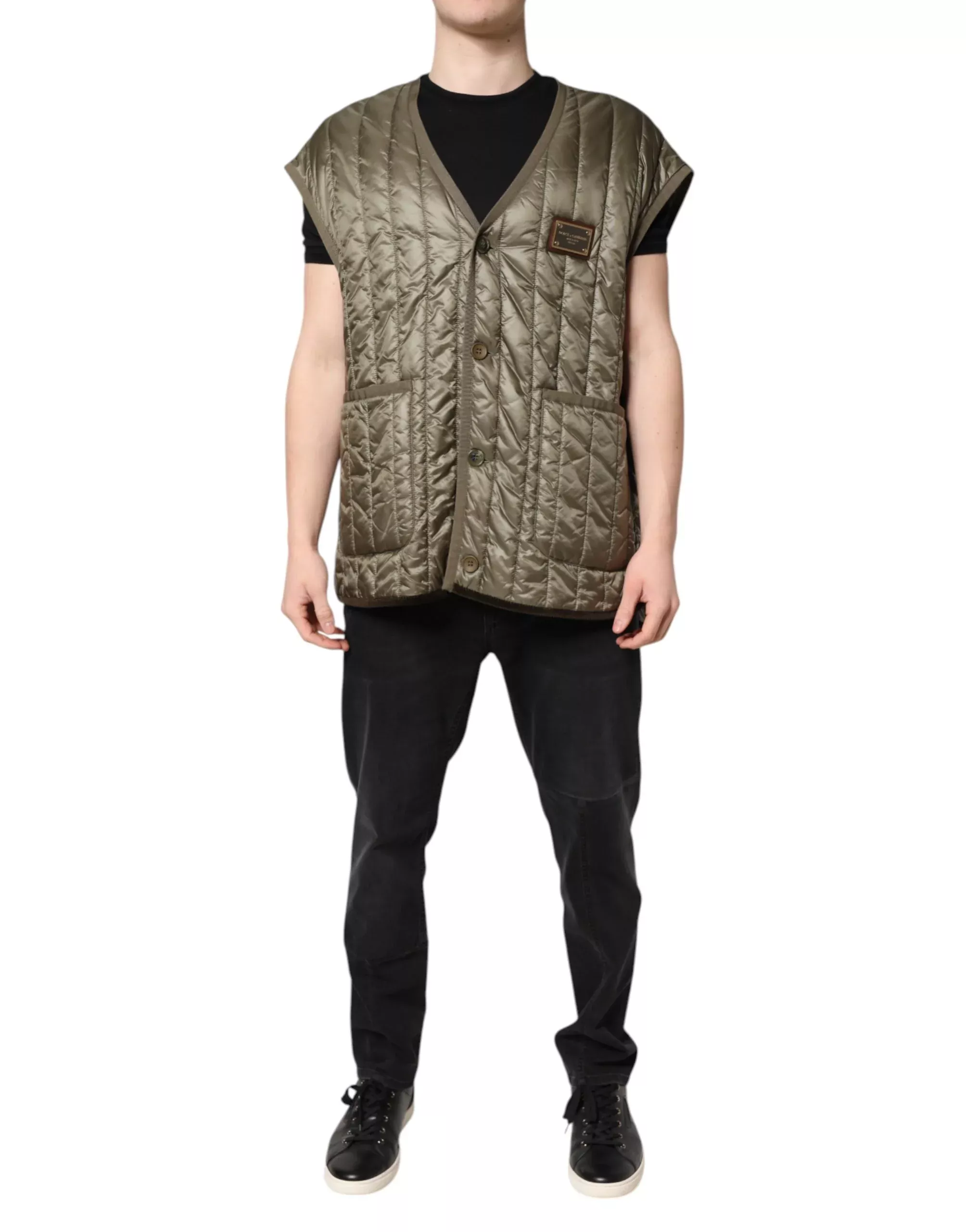 Dolce & Gabbana Brown Logo Plaque Quilted Vest Men's Jacket