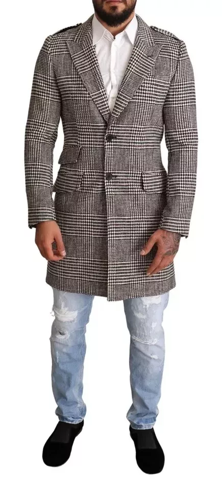 Dolce & Gabbana Gray Check Plaid Long Trench Coat Men's Jacket