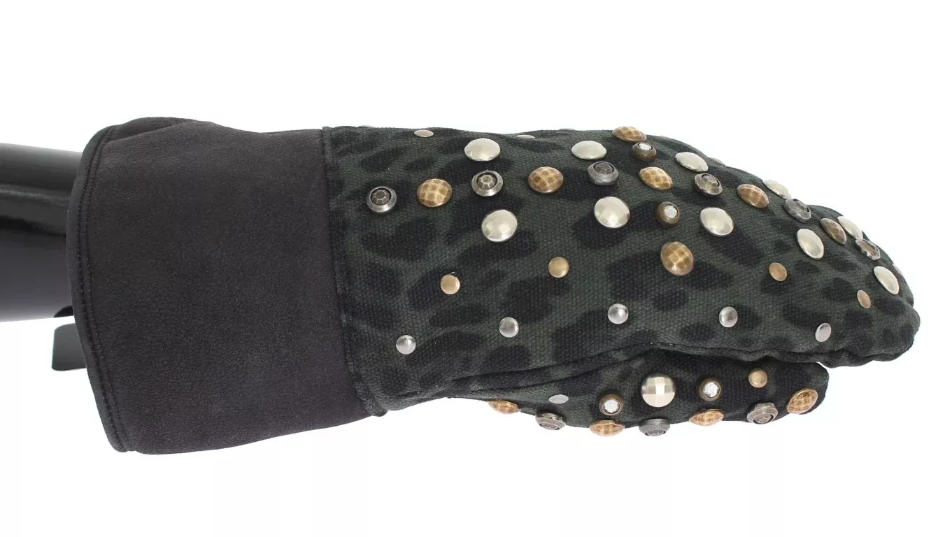 Dolce & Gabbana Gray Wool Shearling Studded Green Leopard Men's Gloves