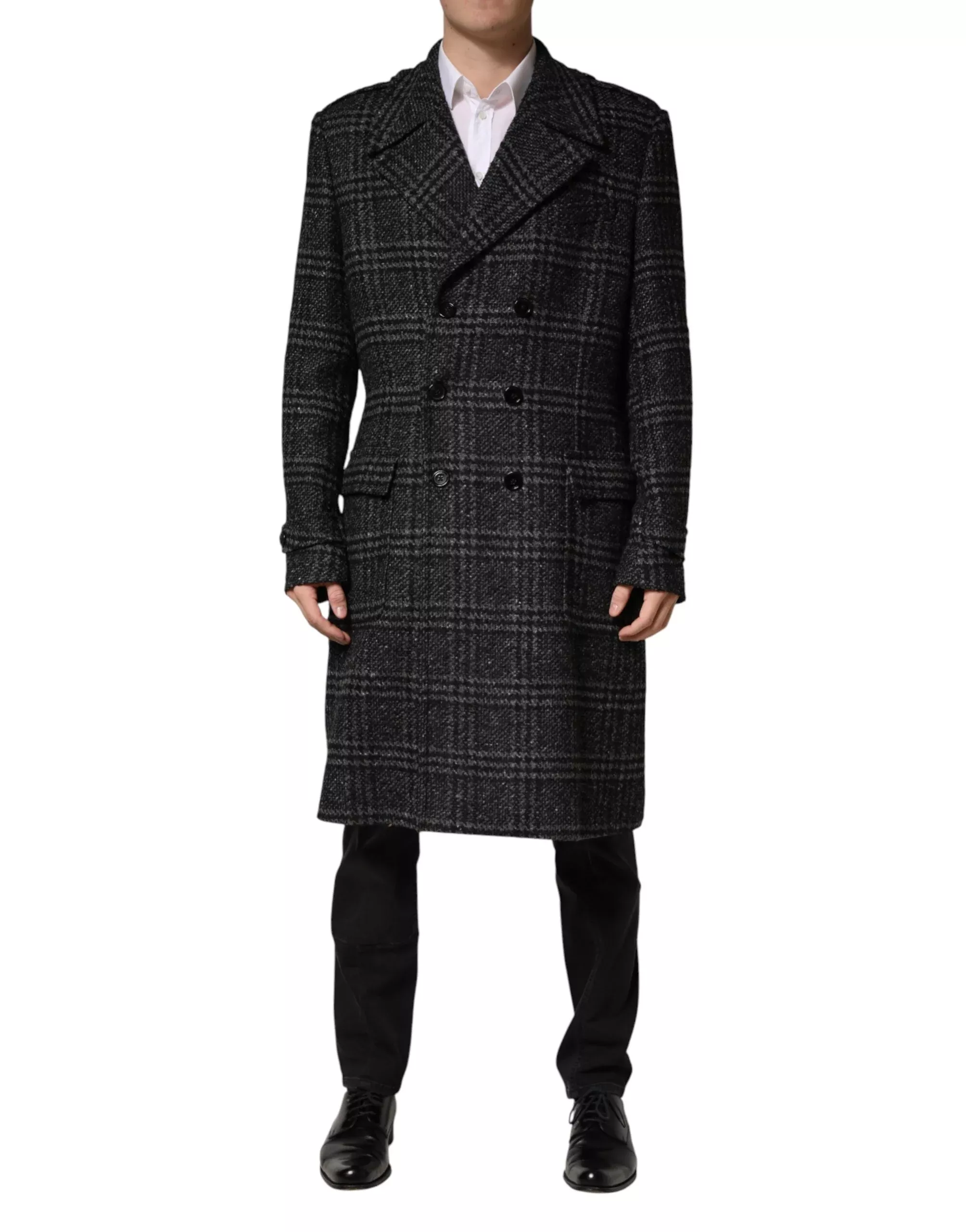 Dolce & Gabbana Grey Double Breasted Plaid Wool Coat Men's Jacket