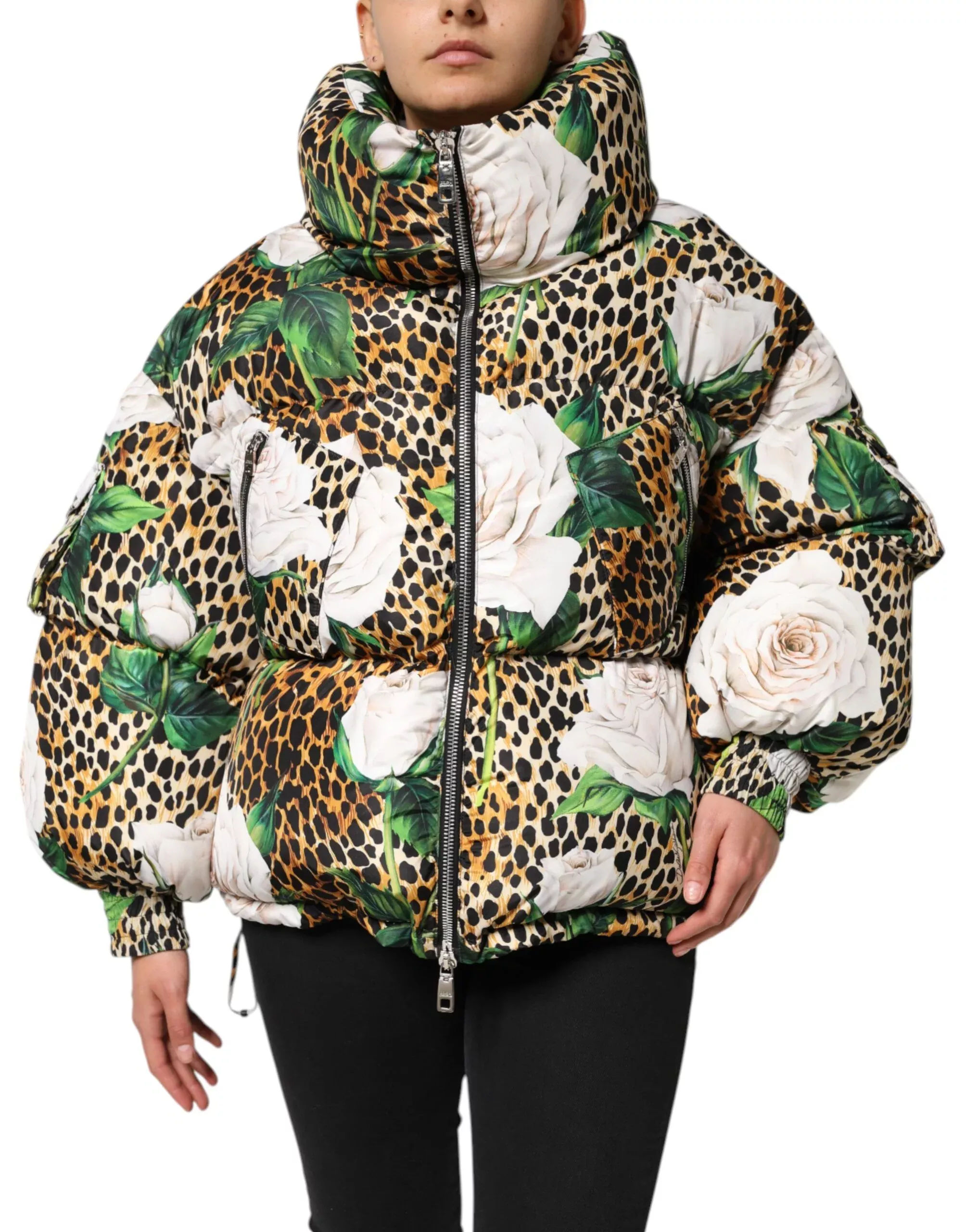 Dolce & Gabbana Multicolor Leopard Rose Puffer Quilted Women's Jacket