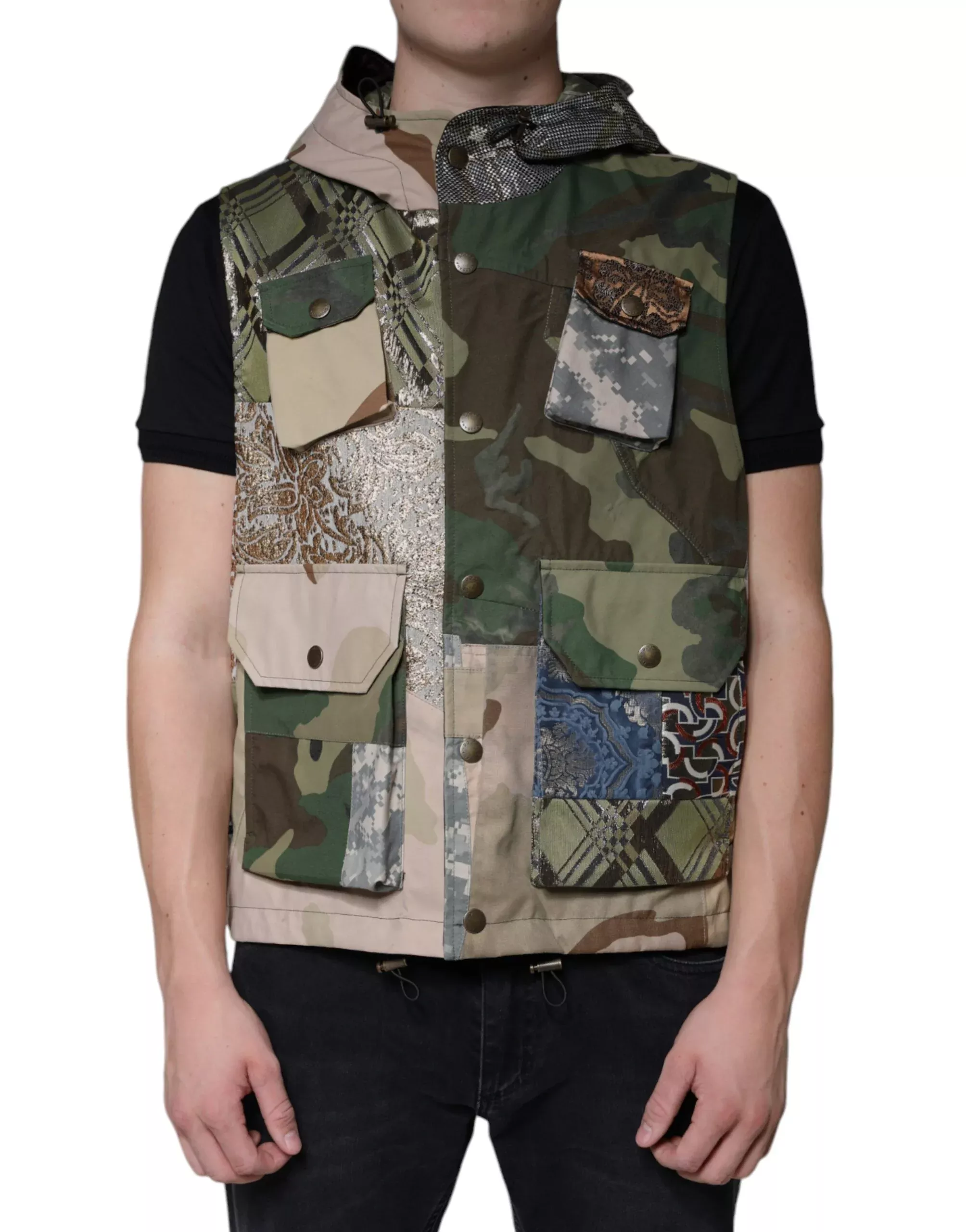 Dolce & Gabbana Multicolor Patchwork Hooded Vest Men's Jacket