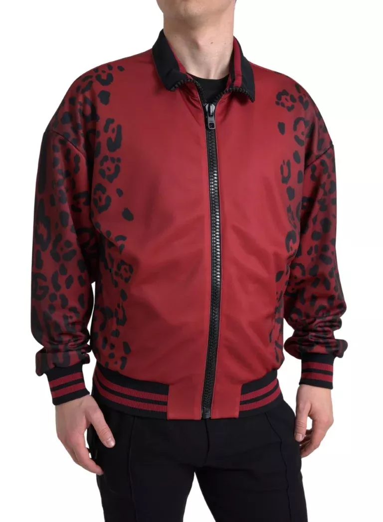 Dolce & Gabbana Red Leopard Polyester Bomber Full ZipMen's Jacket