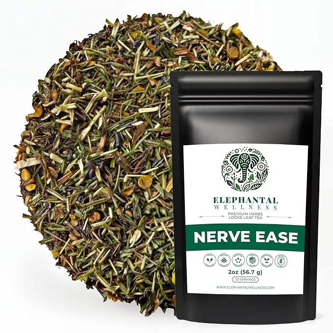 Elephantal Wellness Nerve Ease Herbal Tea | Calming Nervous System Support with Chamomile Tea, Passionflower, Lemon Balm Tea, Valerian & St. John’s Wort | Loose Leaf, Caffeine-Free, 2oz, 20 Servings