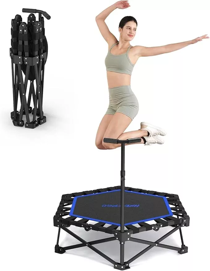 Foldable Mini Trampoline, Rebounder Trampoline with Adjustable Foam Handle, Fitness Trampoline for Indoor, Outdoor, Home Gym, Max Load 460 lbs